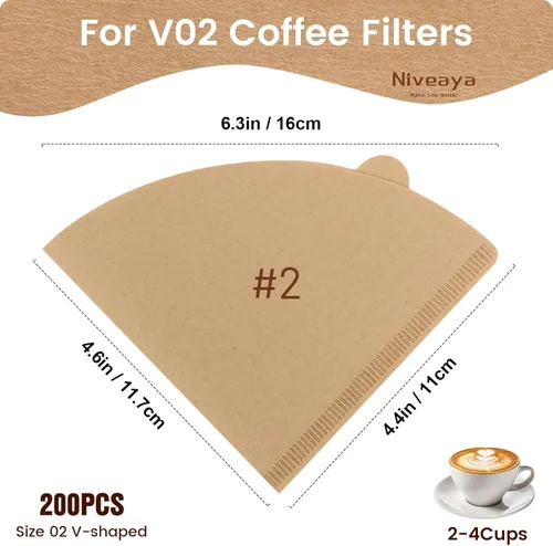 Miniatura 3 de Niveaya 200 filtros de café – Tamaño 02, filtro de café de papel natural, sin soplado, desechable para verter sobre y goteo (2-4 tazas)