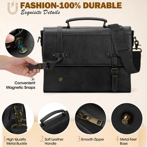 Miniatura 5 de RAINSMORE Bolsa de mensajero para hombre de 17 pulgadas, impermeable, de piel vintage, maletín para laptop, bolsa grande para laptop, cartera, bolsa