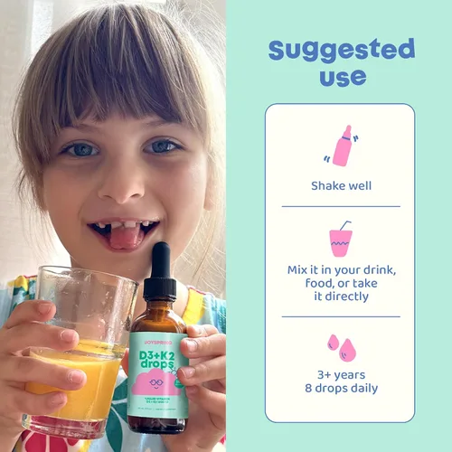 Miniatura 6 de JoySpring Vitamina D3 Kids Drops con K2 – Suplemento líquido para absorción de calcio y salud articular – 360 porciones (2 fl oz) – Vitamina D