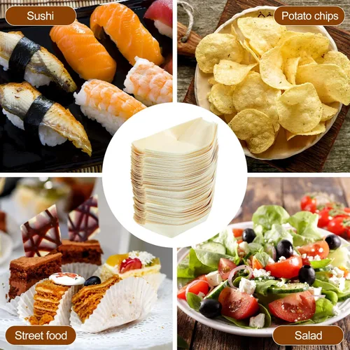 Miniatura 7 de Hemoton 100 botes desechables de bambú para sushi, bandeja de madera biodegradable, 5.5 x 3.14 x 1.57 pulgadas, 100 piezas, para sushi, aperitivo