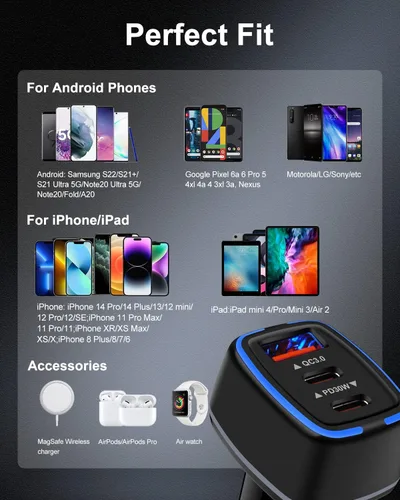Miniatura 7 de Cargador de coche USB C de 78 W, adaptador de encendedor de cigarrillos de carga súper rápida, cargador automático de 3 puertos para Samsung Galaxy