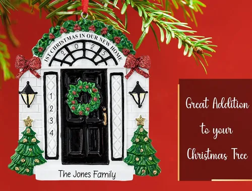 Miniatura 5 de Adorno de Navidad personalizado para el nuevo hogar 2026 Puerta negra con cinta de purpurina recuerdo único para el árbol de Navidad – Primer año