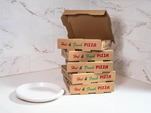 Miniatura 7 de Paquete de 50 cajas de pizza con estampado de 4 colores para pizza caliente y fresca, color marrón (8 x 8 pulgadas)