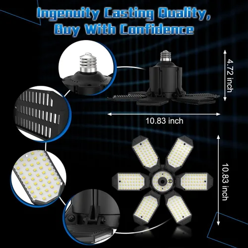 Miniatura 6 de Luz de Garaje – Bombilla de garaje súper brillante de 15000LM, equivalente a 150 W, rosca E26 con 6 paneles deformables, 6500K, luces LED de taller