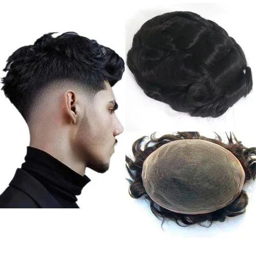 N.L.W. Toupee de cabello humano para hombres, prótesis europea de piezas de cabello sistema de reemplazo para hombres con 10x8 HD súper fino encaje