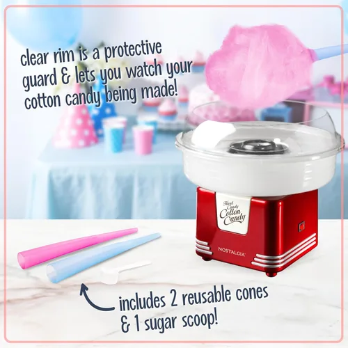 Miniatura 3 de Nostalgia - Máquina de algodón de azúcar, máquina retro de algodón de azúcar para niños con 2 conos reutilizables, 1 cuchara de azúcar y 1 cabezal