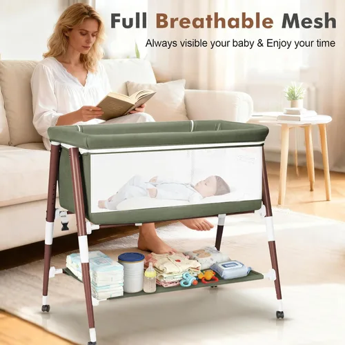 Miniatura 5 de Cuna de bebé, cuna portátil 3 en 1 para recién nacido, cuna de bebé portátil con 4 ruedas desmontables y altura ajustable, malla transpirable y Verde