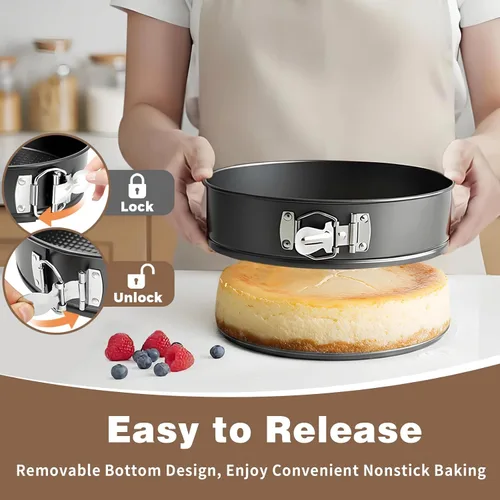 Miniatura 2 de Juego de 3 moldes desmoldables de 4, 7 y 9 pulgadas, molde para cheesecake a prueba de fugas con protector, moldes desmoldables antiadherentes