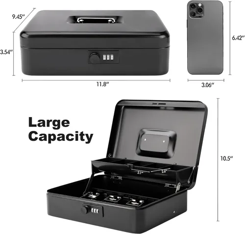 Miniatura 2 de Caja de efectivo con bandeja de dinero y cerradura, caja de dinero segura para efectivo, caja de bloqueo de metal con combinación, organizador