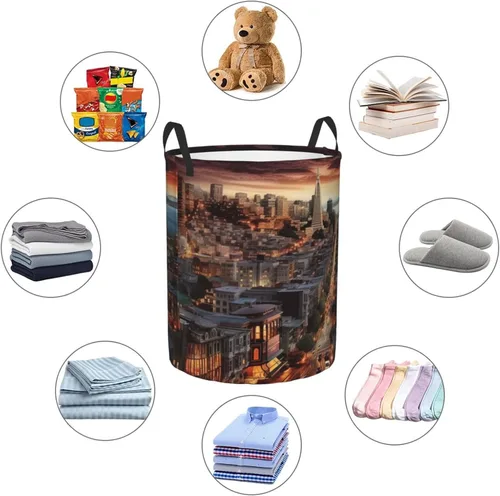 Miniatura 6 de Cesta circular con estampado de San Francisco, impermeable, cesta organizadora de lavandería, con asas, para ropa, juguetes, pequeña