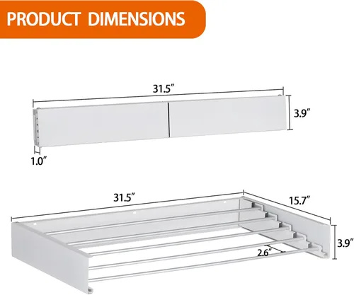 Miniatura 5 de FOCHIER F Tendedero de Ropa de Pared Tendedero de Secado Plegable con 5 Varillas de Aluminio y Plantilla de Perforación Broca de Destornillador Negro