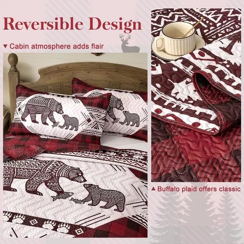 Miniatura 5 de Juego de 3 piezas de colcha tamaño King para cabaña, reversible, navideño, rústico, de microfibra, suave, ligera, de granja, con 2 fundas de 2-Oso