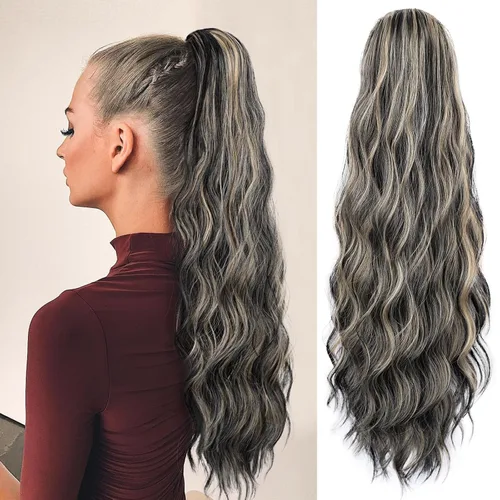 Miniatura 22 de FREEMEIGE Extensiones de cola de caballo largas onduladas con cordón para mujeres, extensiones de cabello con clip para cola de caballo, mezcla