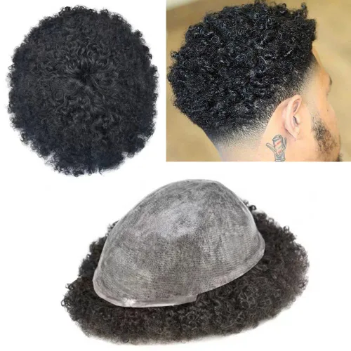 Miniatura 9 de Cabello afro rizado para hombre maravillas de cabello humano afroamericano de repuesto para hombres negros, piel de polietileno completa, sistema