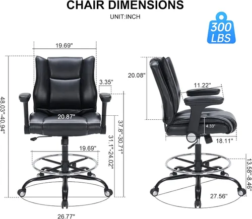 Miniatura 3 de Silla de dibujo de oficina, silla de escritorio alta con reposabrazos ajustables y reposapiés, silla de escritorio de piel sintética con cojín