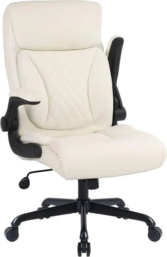 Youhauchair Silla de oficina ejecutiva, silla ergonómica de piel sintética para computadora con soporte lumbar, reposabrazos abatibles y altura Beige