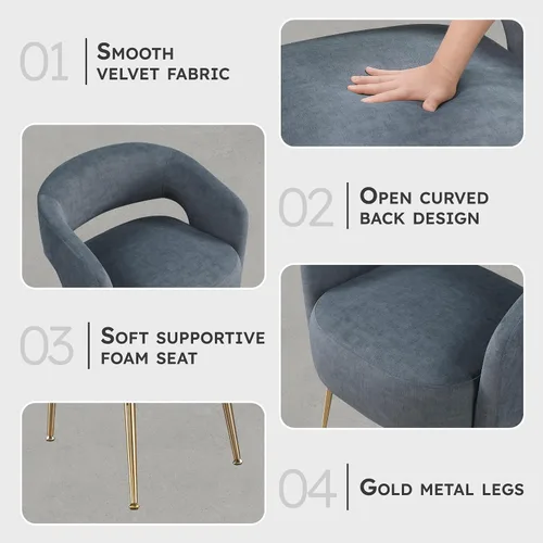 Miniatura 3 de Lexicon Mid-Century - Silla decorativa de terciopelo moderna con respaldo abierto, patas de metal dorado, sillón curvado tapizado para sala