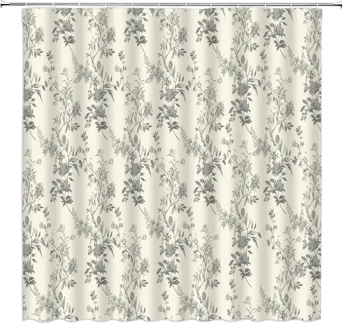 Cortina de ducha floral con hojas grises salvia, vintage, primavera, bohemio, retro, 47 pulgadas de ancho x 70 pulgadas de alto, cortina de