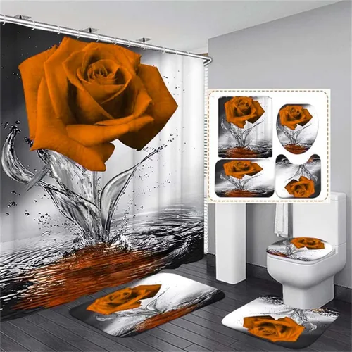 Miniatura 11 de Juego de baño Blue Rose con cortina de ducha y alfombras antideslizantes, tapete de baño, cubierta para tapa de inodoro y 12 ganchos fuertes