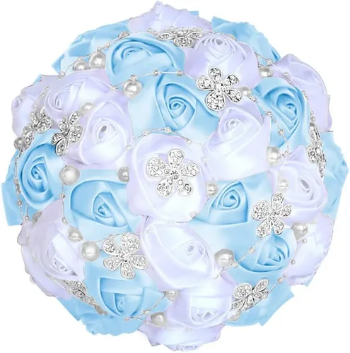 Sharebeauty Ramo de novia de satén hecho a mano de 5.9 pulgadas, ramo de boda, ramo de flores artificiales, color azul claro + blanco W224