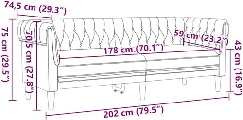 Miniatura 3 de vidaXL Sofá Chesterfield de 3 plazas, sofá tapizado con brazos enrollados, sofá Chesterfield, sofá para sala de estar, estilo moderno, tela marrón