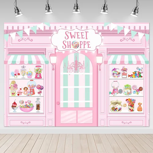 Miniatura 10 de Mocsicka Sweet Shoppe Telón de Fondo Salón de Postres para Decoraciones de Fondo de Fiesta de Cumpleaños de Niña Decoración de Mesa de Pastel de Azul