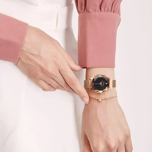 Miniatura 4 de RORIOS Reloj de pulsera simple para mujer, con esfera de cielo estrellado, hebilla de banda de malla, fácil de usar con diamantes simulados, reloj