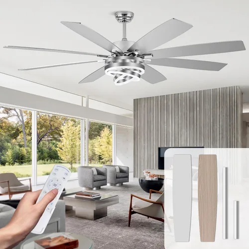 Miniatura 16 de Ventilador de techo de 52 pulgadas con luces y control remoto, moderno ventilador de techo plateado, lámpara LED, silenciosa, reversible, motor