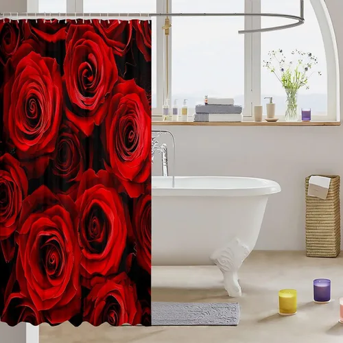 Miniatura 3 de Cortina de ducha con rosas rojas, juego de cortinas de ducha para niñas, mujeres y niños, cortina de ducha de tela impermeable con flores botánicas
