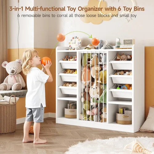 Miniatura 6 de ONBRILL Organizador de almacenamiento de juguetes con 6 contenedores de plástico extraíbles, almacenamiento de animales de peluche para niños Blanco