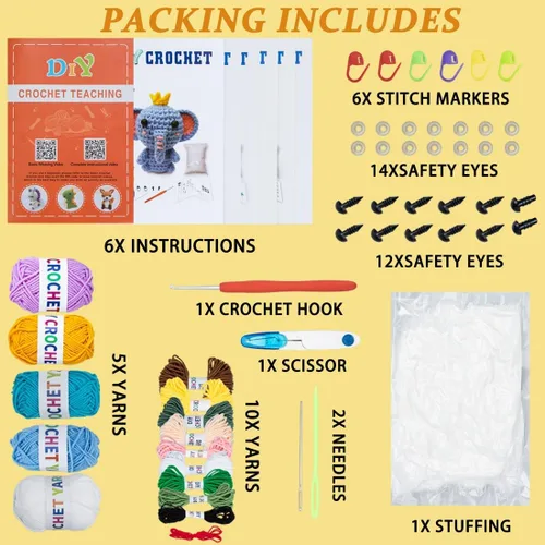 Miniatura 5 de Kit de 6 piezas de ganchillo para principiantes, kit de punto con videos paso a paso, hilo, gancho de ganchillo, kit de tejido para principiantes
