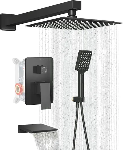 Miniatura 11 de Cabezal de Regadera - Juego de Grifo de Ducha Sistema Combo Cuadrado con Cabezal de Ducha de Lluvia de 20 cm, Montaje en Pared, Ducha de Mano, Acero