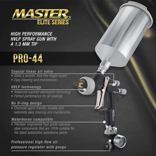 Miniatura 2 de Master Pro 44 Series - Pistola de pulverización HVLP de alto rendimiento con punta de 0.051 pulgadas con regulador de presión de aire, ideal