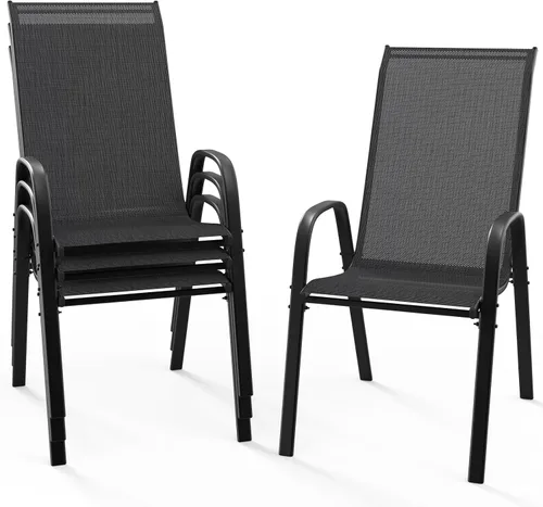 Miniatura 14 de VINGLI Juego de 2 sillas de patio – Sillas de comedor apilables para exteriores con cómodas sillas de respaldo alto y reposabrazos para césped