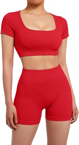 Miniatura 2 de SUUKSESS Conjunto de 2 piezas de entrenamiento acanalado sin costuras con espalda abierta y manga corta y glúteos fruncidos