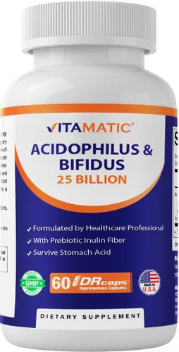 Vitamatic Acidophilus Bifidus 25 mil millones DR Capsule - 60 unidades - Soporte digestivo - Fabricado con fibra prebiótica de inulina