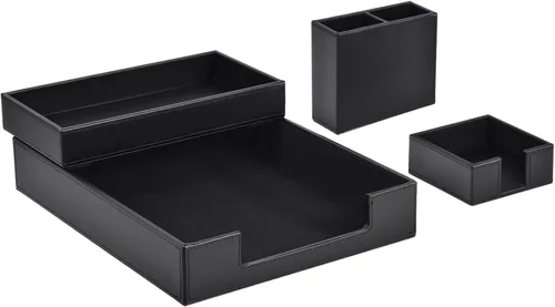 Paquete de 4 suministros de oficina/organizador de escritorio de cuero para bandeja de papel para cartas, soporte para notas adhesivas, taza para