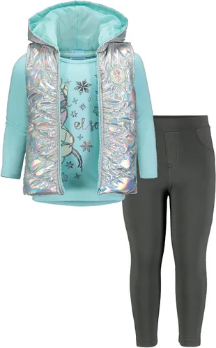 Disney Frozen Princess Anna Queen Elsa - Chaleco con cremallera para niñas conjunto de camiseta y leggings de 3 piezas para niños pequeños a grandes