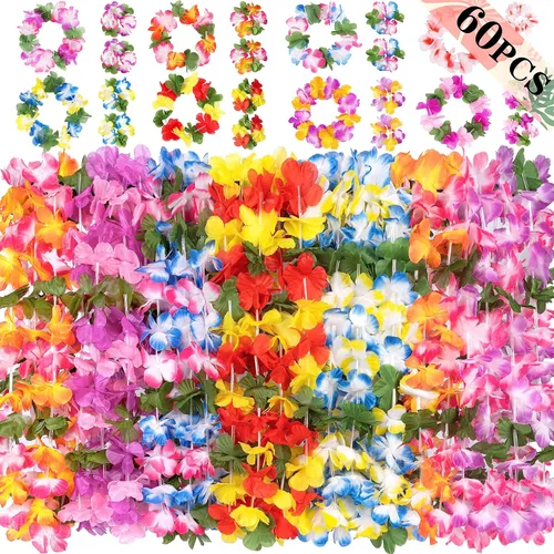 jollylife 60 collares hawaianos de Luau Leis, pulseras, diademas tropicales de hibisco, flores tiki, suministros de fiesta de piscina de verano,