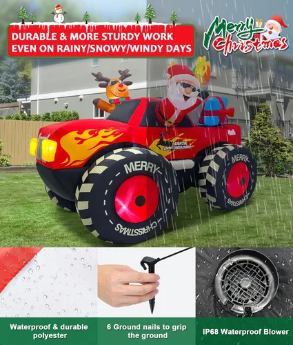 Miniatura 4 de EAONE Decoración inflable de Navidad de 7 pies para exteriores, Papá Noel inflable y renos en Monster Truck, decoración de patio inflable con luces