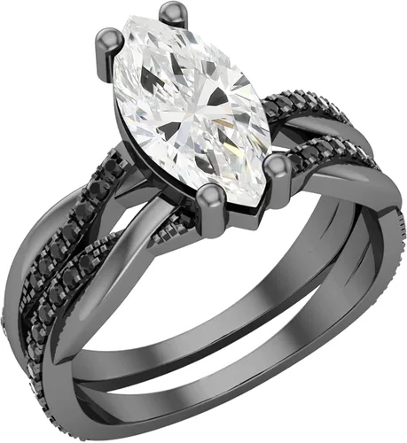 Dazzlingrock Collection Juego de anillos de novia de 0.472 x 0.236in con piedra preciosa marquesa creada y diamante negro natural, disponible en