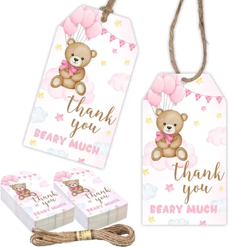 Miniatura 8 de Etiquetas de agradecimiento de oso, 50 etiquetas de regalo azules con cuerda para baby shower, etiquetas de regalo de agradecimiento para celebrar