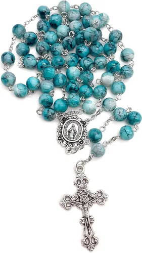 Miniatura 4 de Nazareth Store Rosario de cristal cristalizado turquesa con cuentas de rosario católico con medalla milagrosa y cruz de acero inoxidable Vidrio No