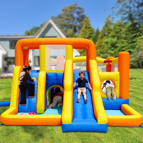 Miniatura 6 de HuaKastro Casa de rebote de agua extra grande de doble zona, lados delanteros y traseros con 2 toboganes largos separados, 2 piscinas de agua, 2