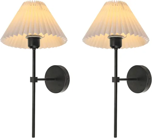 Miniatura 8 de Juegos de 2 apliques de pared, pantalla de lámpara de tela plisada blanca, lámpara de pared negra mate, iluminación de pared con soporte de columna