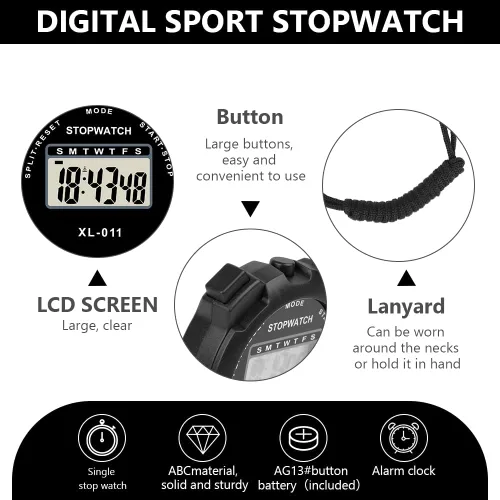 Miniatura 5 de Vicloon Temporizador deportivo digital, cronómetro de viaje simple con pantalla grande, temporizador dividido de una sola vuelta, fecha de alarma