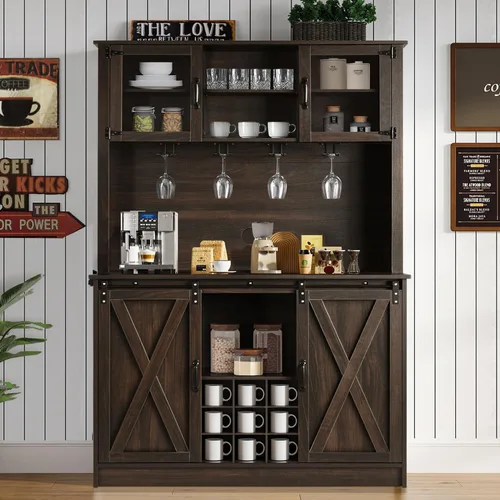 Miniatura 18 de 4ever2buy - Gabinete de café-bar de granja con aparador, gabinete de buffet de 31 pulgadas con puerta corrediza de granero, gabinete de barra
