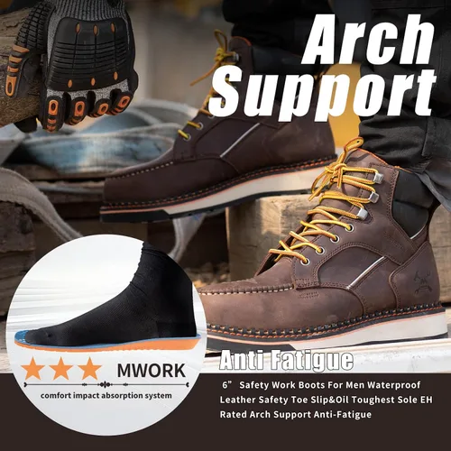 Miniatura 7 de MWORK Botas de trabajo con punta de mocasín de 6 pulgadas para hombre, suela de cuña, impermeable, ASTM F2413-18, punta metálica de seguridad