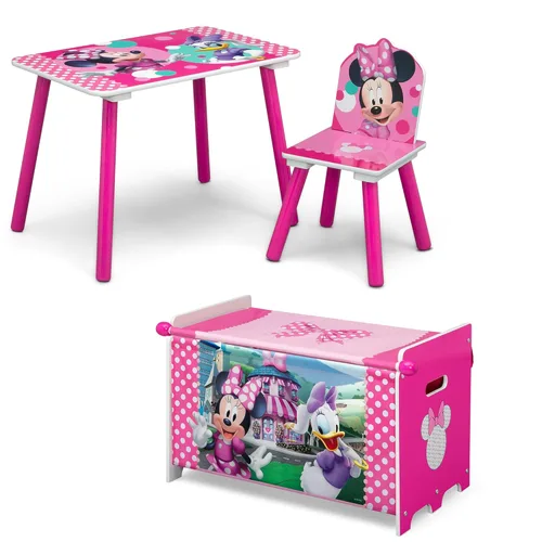 Delta Children Disney Minnie Mouse Juego de 3 piezas para cuarto de juegos para niños pequeños – Incluye mesa, silla y caja de juguetes, rosa