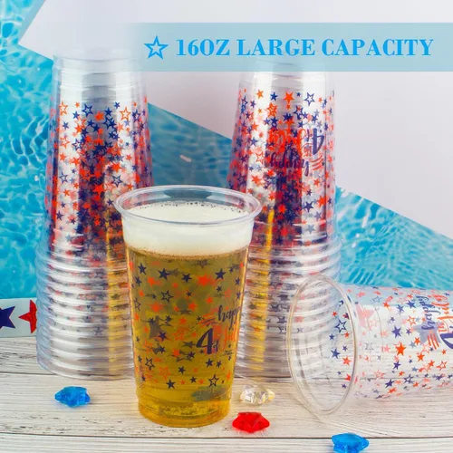 Miniatura 7 de 60 piezas Tazas del 4 de julio, vasos de plástico patrióticos de 16 oz con estrellas rojas, blancas y azules, decoraciones para suministros